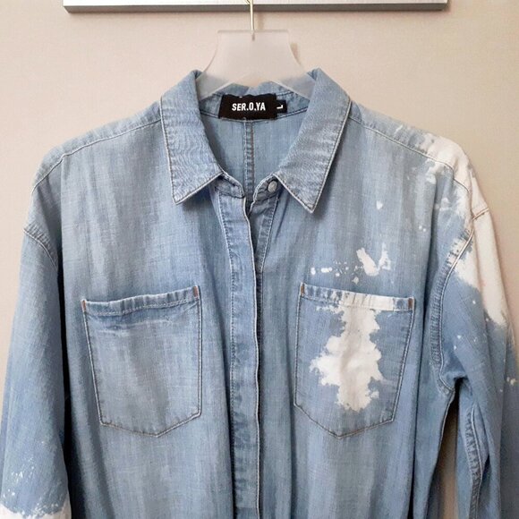 NWT SER.O.YA Monica bleached splashed denim mini dress with smocked waist, L - Picture 16 of 16